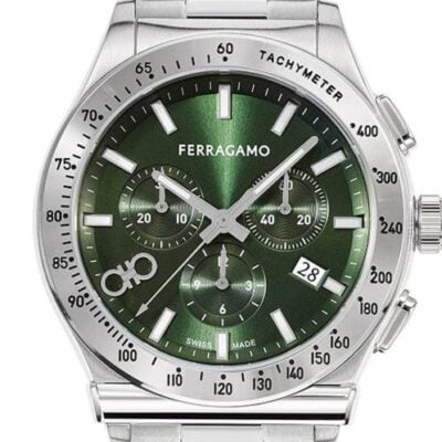 Salvatore Ferragamo 1927 Chrono Green Dial Silver Steel Strap Watch for Men - SFKZ00423