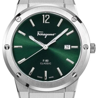 Salvatore Ferragamo F-80 Classic Green Dial Green Leather Strap Watch for Men - SFDT00119