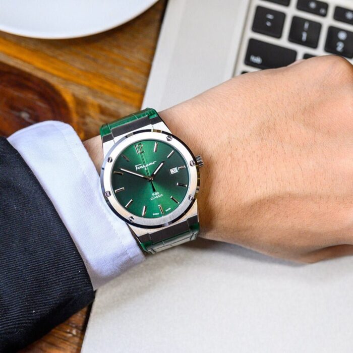 Salvatore Ferragamo F-80 Classic Green Dial Green Leather Strap Watch for Men - SFDT00119 - Image 5