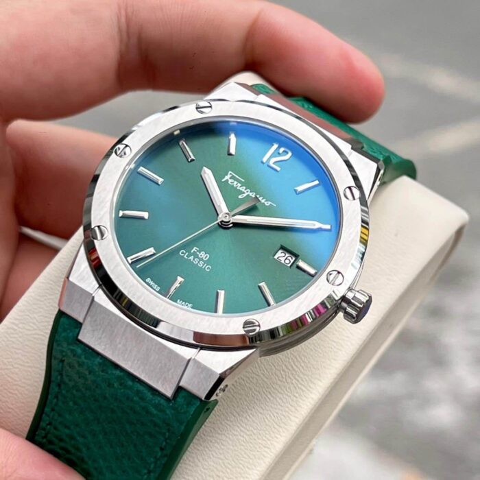 Salvatore Ferragamo F-80 Classic Green Dial Green Leather Strap Watch for Men - SFDT00119 - Image 6