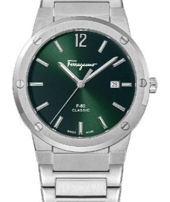 Salvatore Ferragamo F-80 Classic Green Dial Silver Steel Strap Watch for Men - SFDT02123