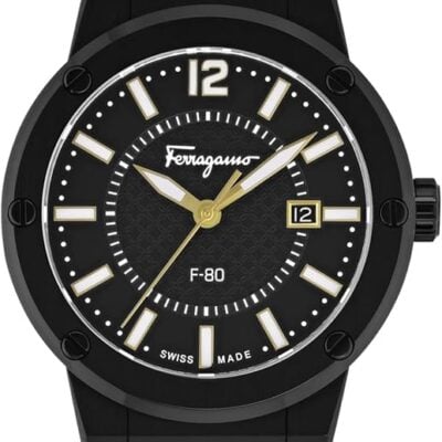 Salvatore Ferragamo F-80 Quartz Black Dial Black Rubber Strap Watch for Men - SFHY01622