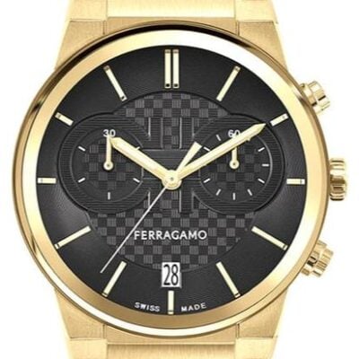 Salvatore Ferragamo Sapphire Chrono Black Dial Gold Steel Strap Watch for Men - SFME01323