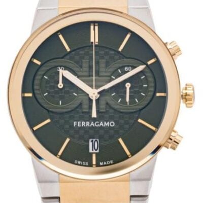Salvatore Ferragamo Sapphire Chrono Black Dial Two Tone Steel Strap Watch for Men - SFME01223