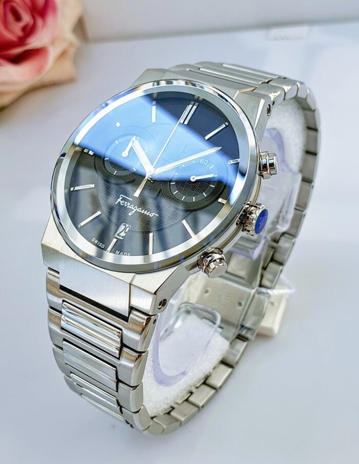 Salvatore Ferragamo Sapphire Chrono Blue Dial Silver Steel Strap Watch for Men - SFME01123 - Image 8