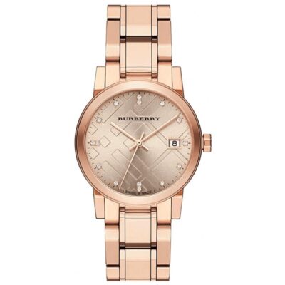 Burberry Ladies Watch Diamond 34mm Check Stamped Rose Gold PVD - BU9126