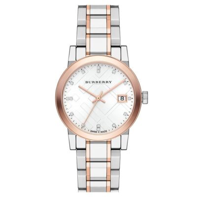 Burberry Ladies Watch Diamond Check Stamped 34mm Two Tone Rose Gold - BU9127