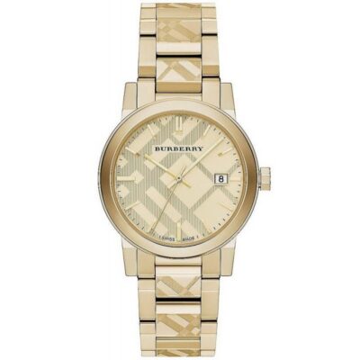 Burberry Unisex Watch The City Engraved 38mm Checked Gold - BU9038