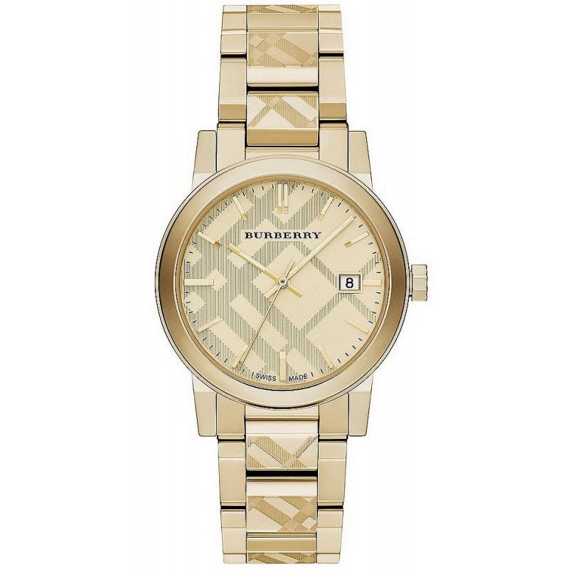 Burberry Unisex Watch The City Engraved 38mm Checked Gold - BU9038