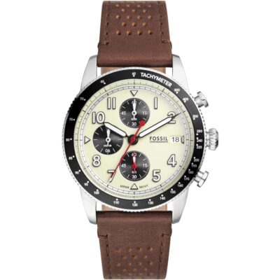Fossil Sport Tourer Chronograph Brown Leather Strap Cream Dial Men's Watch - FS6042