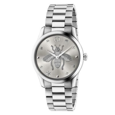 Gucci G-Timeless 38mm Unisex Watch - Silver Dial with Bee Motif, Stainless Steel - YA1264126