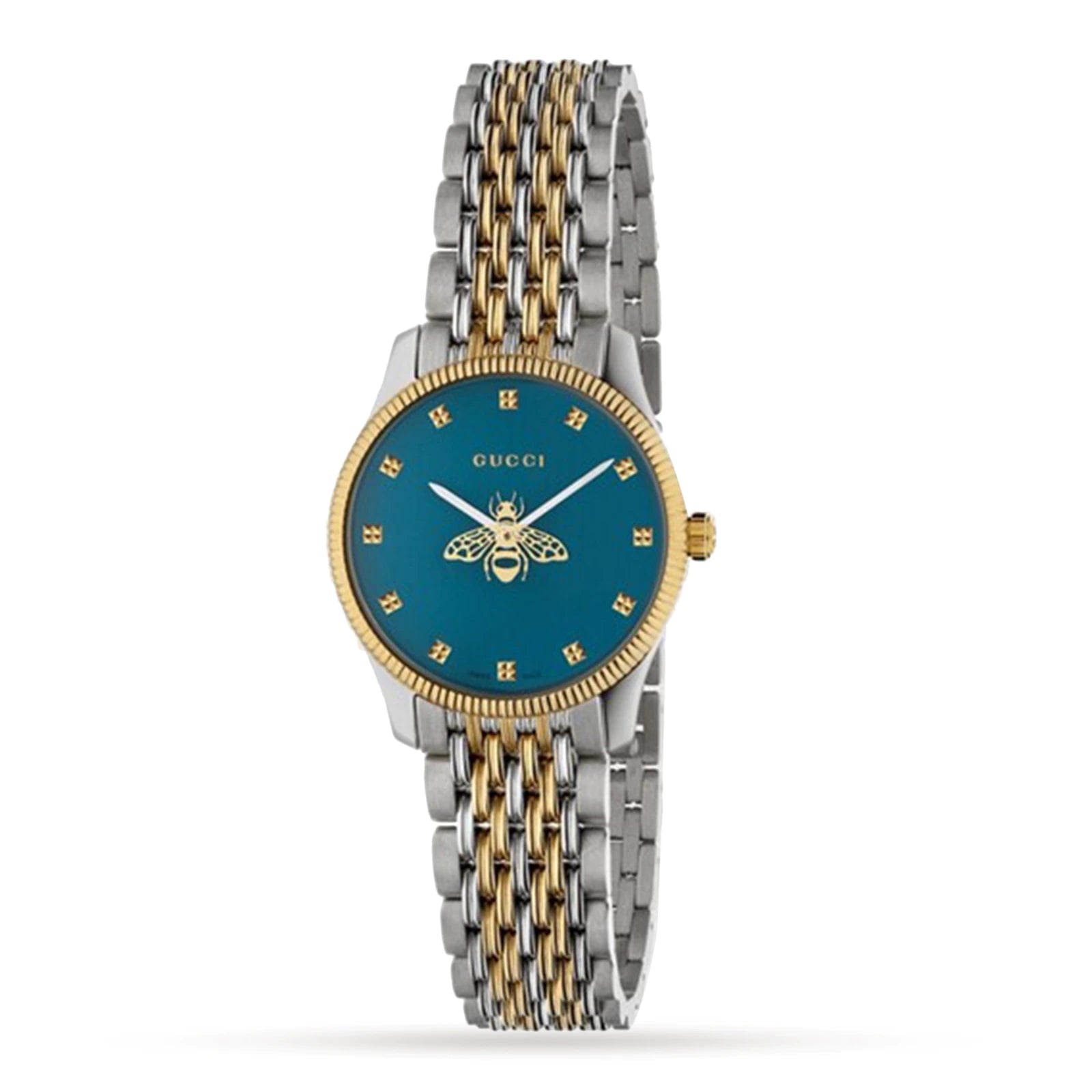 Gucci G-Timeless Women's 27mm Quartz Watch - Teal Bee Dial, Two-Tone Bracelet - YA1265029