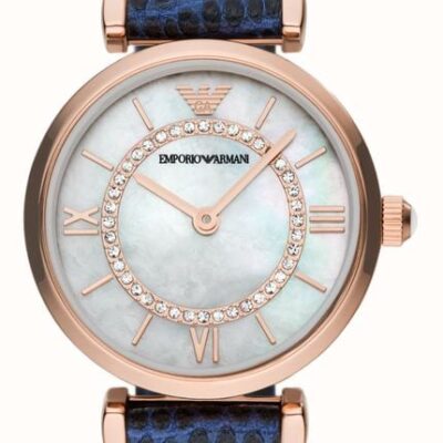 Emporio Armani Gianni T-Bar Analog Mother of Pearl Dial Blue Leather Strap Watch For Women - AR11468