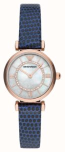 Emporio Armani Gianni T-Bar Analog Mother of Pearl Dial Blue Leather Strap Watch For Women - AR11468