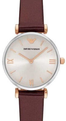 Emporio Armani Gianni T-Bar Quartz Silver Dial Brown Leather Strap Watch For Women - AR11061