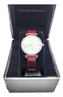 Emporio Armani Gianni T-Bar Quartz Silver Dial Brown Leather Strap Watch For Women - AR11061