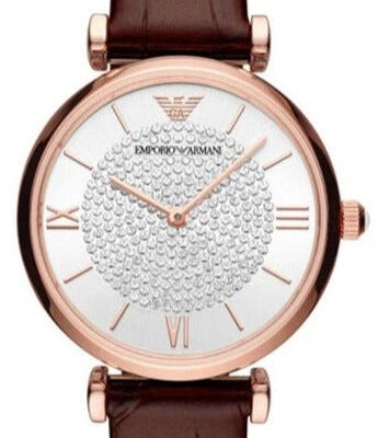 Emporio Armani Gianni T-Bar Silver Dial Brown Leather Strap Watch For Women - AR11269
