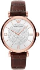 Emporio Armani Gianni T-Bar Silver Dial Brown Leather Strap Watch For Women - AR11269