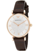 Emporio Armani Gianni T-Bar Silver Dial Brown Leather Strap Watch For Women - AR11269
