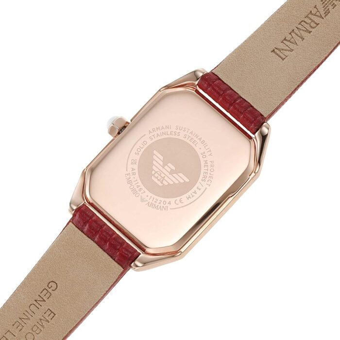 Emporio Armani Gianni T Bar Two-Hand Mother of Pearl Dial Red Leather Strap Watch For Women - AR11467 - Image 4
