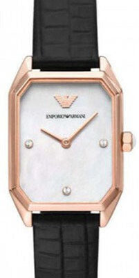 Emporio Armani Gioia Quartz Mother of Pearl Dial Black Leather Strap Watch For Women - AR11390