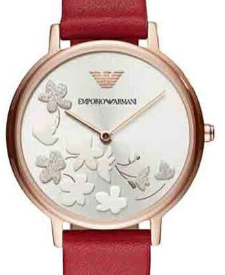 Emporio Armani Kappa Classic Quartz Silver Dial Red Leather Strap Watch For Women - AR11114