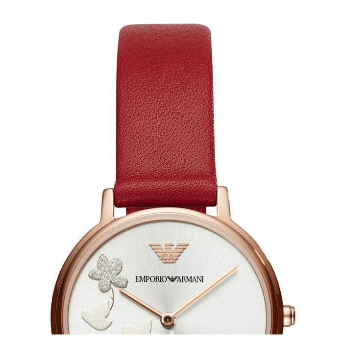Emporio Armani Kappa Classic Quartz Silver Dial Red Leather Strap Watch For Women - AR11114 - Image 3