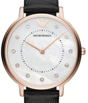 Emporio Armani Kappa Mother of Pearl Dial Black Leather Strap Watch For Women - AR80011