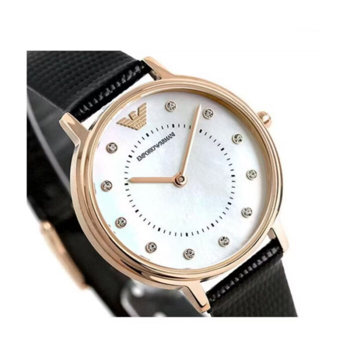 Emporio Armani Kappa Mother of Pearl Dial Black Leather Strap Watch For Women - AR80011 - Image 8