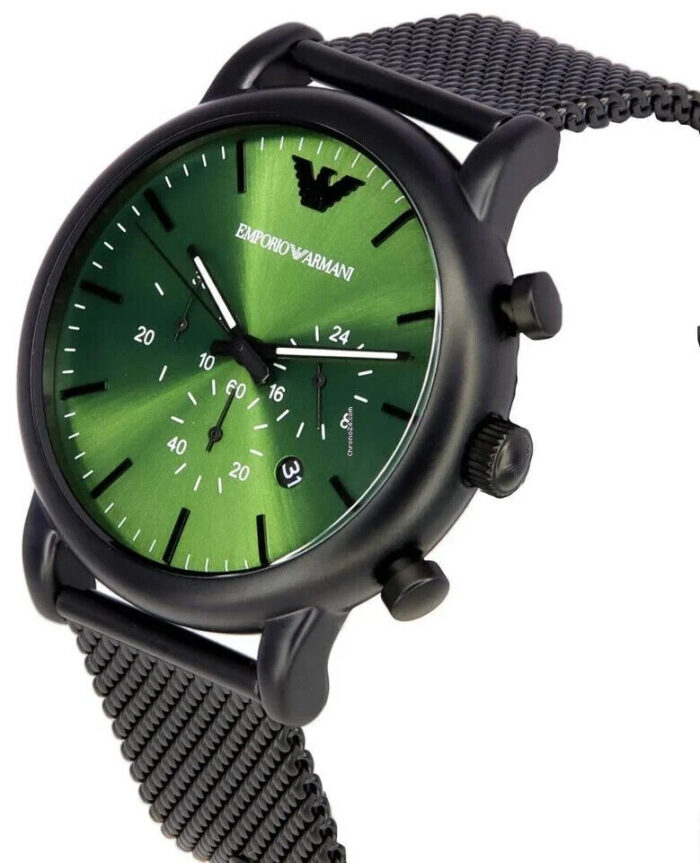 Emporio Armani Luigi Chronograph Green Dial Black Mesh Bracelet Watch For Men - AR11470 - Image 3