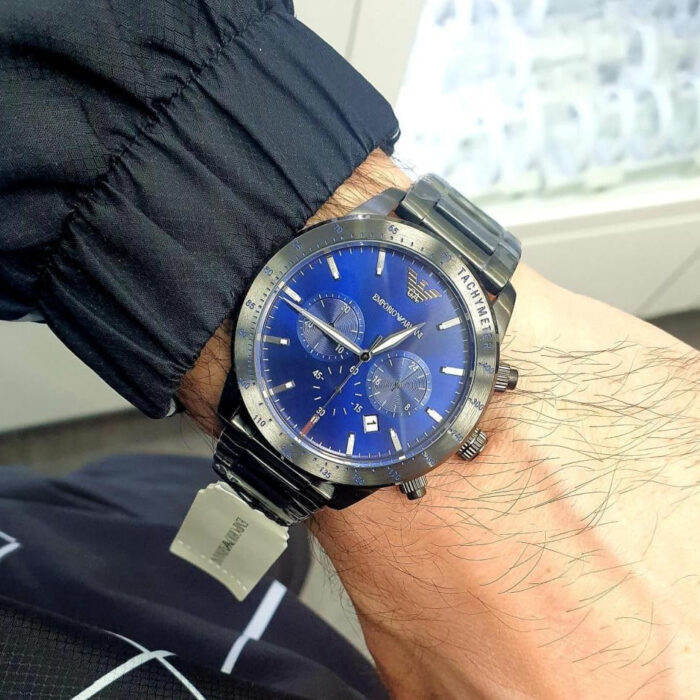Emporio Armani Mario Chronograph Blue Dial Grey Steel Strap Watch For Men - AR80045 - Image 6