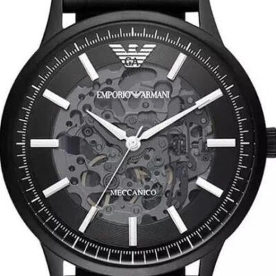 Emporio Armani Meccanico Automatic Black Dial Black Leather Strap Watch For Men - AR60042