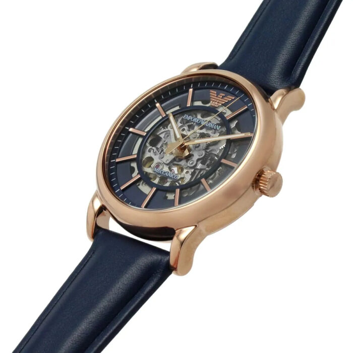 Emporio Armani Meccanico Automatic Blue Dial Blue Leather Strap Watch For Men - AR60050 - Image 3