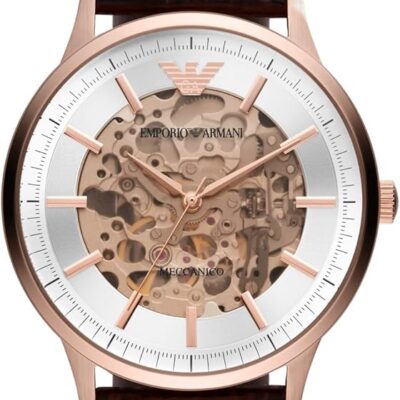 Emporio Armani Meccanico Automatic Silver Dial Brown Leather Strap Watch For Men - AR60039