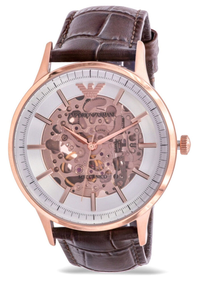 Emporio Armani Meccanico Automatic Silver Dial Brown Leather Strap Watch For Men - AR60039 - Image 2