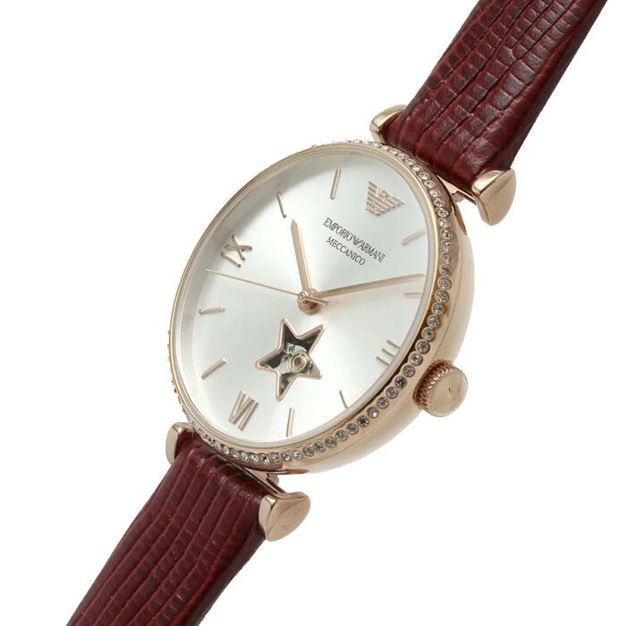 Emporio Armani Meccanico Automatic Silver Dial Burgundy Leather Strap Watch For Women - AR60044 - Image 4