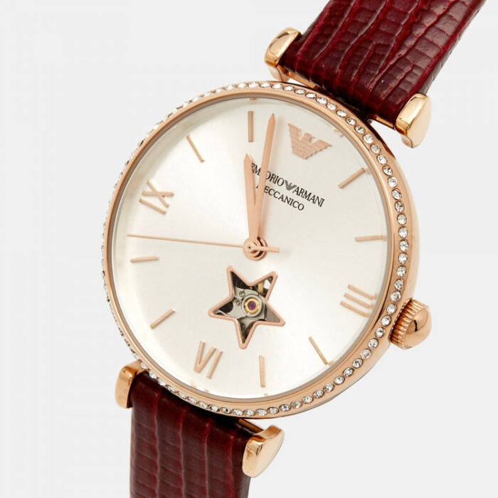 Emporio Armani Meccanico Automatic Silver Dial Burgundy Leather Strap Watch For Women - AR60044 - Image 5