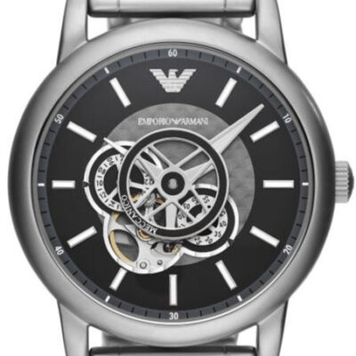 Emporio Armani Meccanico Automatic Skeleton Black Dial Silver Steel Strap Watch For Men - AR60021