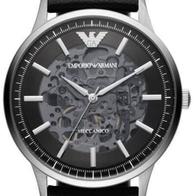 Emporio Armani Meccanico Skeleton Automatic Black Dial Black Leather Strap Watch for Men - AR60038