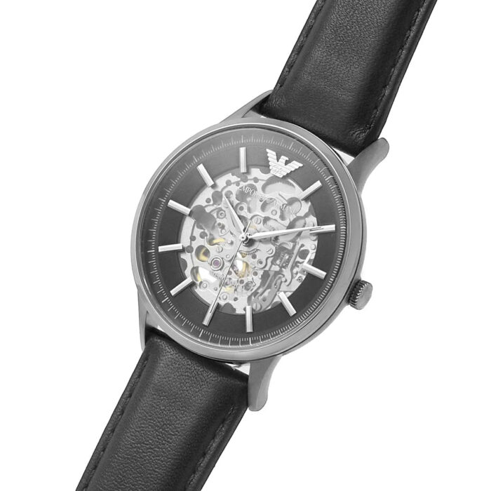 Emporio Armani Meccanico Skeleton Automatic Black Dial Black Leather Strap Watch for Men - AR60038 - Image 5