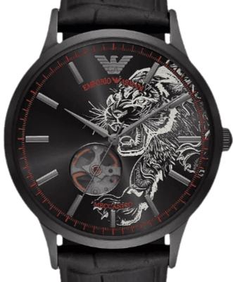 Emporio Armani Meccanico Skeleton Black Dial Black Leather Strap Watch For Men - AR60046