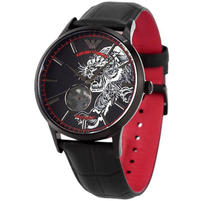 Emporio Armani Meccanico Skeleton Black Dial Black Leather Strap Watch For Men - AR60046 - Image 3
