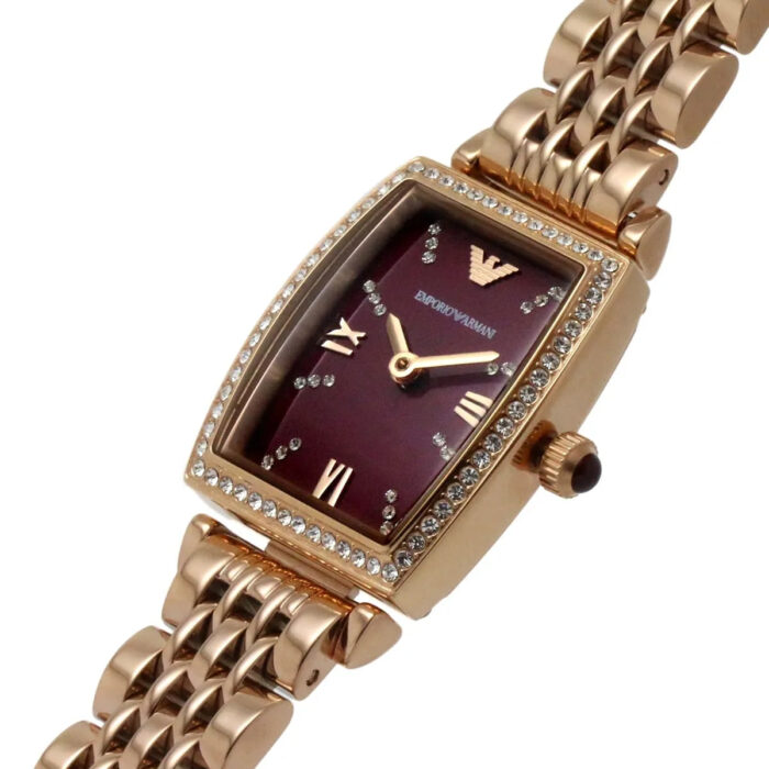 Emporio Armani Two Hand Diamonds Burgundy Dial Rose Gold Steel Strap Watch For Women - AR11488 - Image 11