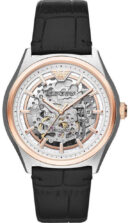 Emporio Armani Zeta Skeleton Automatic Silver Dial Black Leather Strap Watch For Men - AR60018