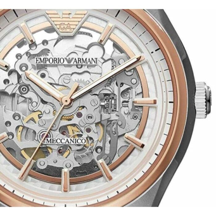 Emporio Armani Zeta Skeleton Automatic Silver Dial Black Leather Strap Watch For Men - AR60018 - Image 16