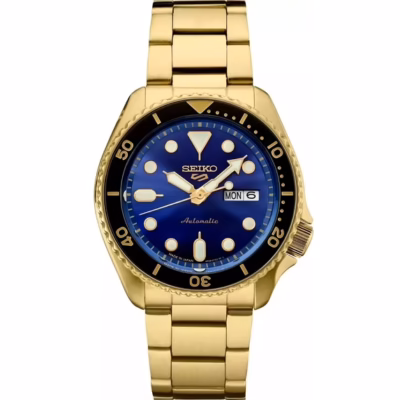 Seiko 5 Sports US Special Edition Automatic Blue Dial Gold Steel Strap Watch For Men - SRPK20